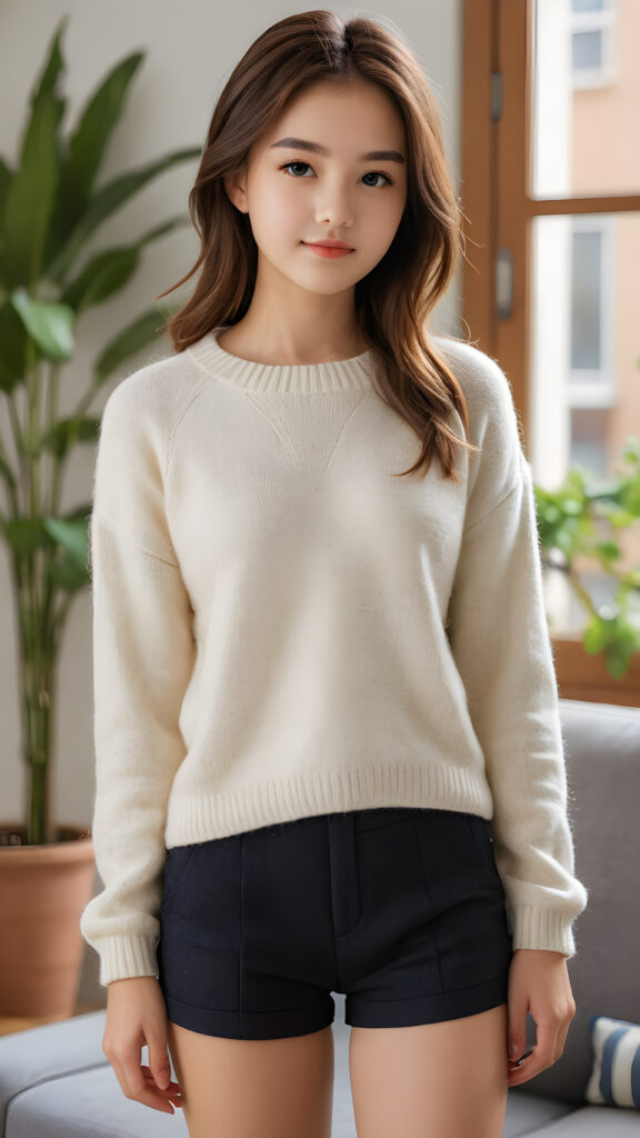 visualize an (((ultra high definition (straight hair advanced full body view))) of a (((cutely elegant teenage girl model))) with a meticulously drawn (((face))) and a wonderfully precise (((curvature))) that exudes cuteness, dressed in a sleek, (((thin short crop wool sweater))), paired with (((super short pants))). The image is captured with remarkable clarity and detail, evoking a sense of (((high resolution beauty))), as if painted by a skilled artist, drawing the viewer in to appreciate its striking splendor