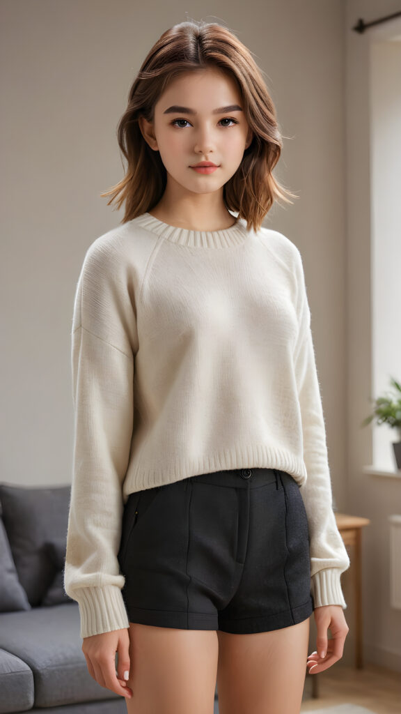 visualize an (((ultra high definition (straight hair advanced full body view))) of a (((cutely elegant teenage girl model))) with a meticulously drawn (((face))) and a wonderfully precise (((curvature))) that exudes cuteness, dressed in a sleek, (((thin short crop wool sweater))), paired with (((super short pants))). The image is captured with remarkable clarity and detail, evoking a sense of (((high resolution beauty))), as if painted by a skilled artist, drawing the viewer in to appreciate its striking splendor