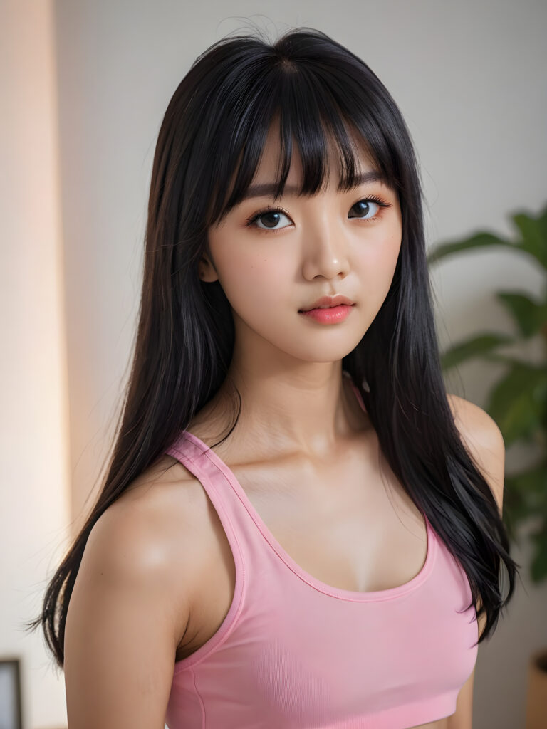 visualize an (((ultra high definition (straight soft and long black hair, Korean Styles Bangs))) of a (((Korean girl, 15 years old))) with a meticulously drawn (((face))) and a wonderfully precise (((curvature))) that exudes cuteness, dressed in a sleek, (((thin short crop pink tank top)). The image is captured with remarkable clarity and detail, evoking a sense of (((high resolution beauty))), as if painted by a skilled artist, drawing the viewer in to appreciate its striking splendor