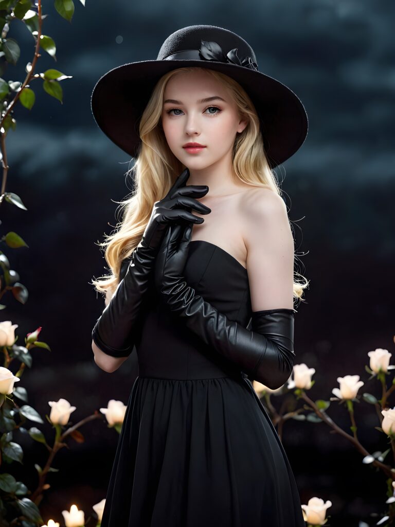 visualize an (((enchantingly beautiful teen girl))) with (((pale white skin))), dressed in a (((long, sleek black dress))), accessorizing with (((classic black gloves))), a flowing (((black hat))), and a halo of (((black rose petals))), emanating an ethereal glow under the (((softly illuminated night sky))), set against a (((distinctly dark backdrop of interwoven black roses)))