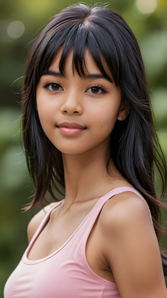 visualize an (((ultra high definition (straight soft and long black hair, bangs))) of a (((brown-skinned Exotic teen girl, 15 years old))) with a meticulously drawn (((face))) and a wonderfully precise (((curvature))) that exudes cuteness, dressed in a sleek, (((thin short crop pink tank top)). The image is captured with remarkable clarity and detail, evoking a sense of (((high resolution beauty))), as if painted by a skilled artist, drawing the viewer in to appreciate its striking splendor ((side portrait))