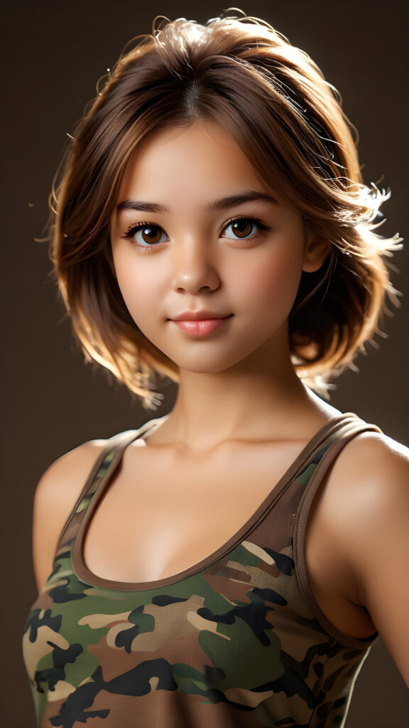 visualize an advanced and highly detailed advanced upper body portrait of a (((beautiful teenage girl, 17 years old, brown skinned))), featuring a wonderfully proportioned body that is captured in a (((super short camouflage-colored tank top))). Her hair is softly layered and cut in bangs, with long, straight strands that frame her face. Her eyes are a light amber color and her smile is warm and inviting. Sunlight hits her face in a flattering side profile, casting perfect shadows and highlights that draw attention to her toned physique. The backdrop is a dark environment, adding depth and contrast to this advanced illustration