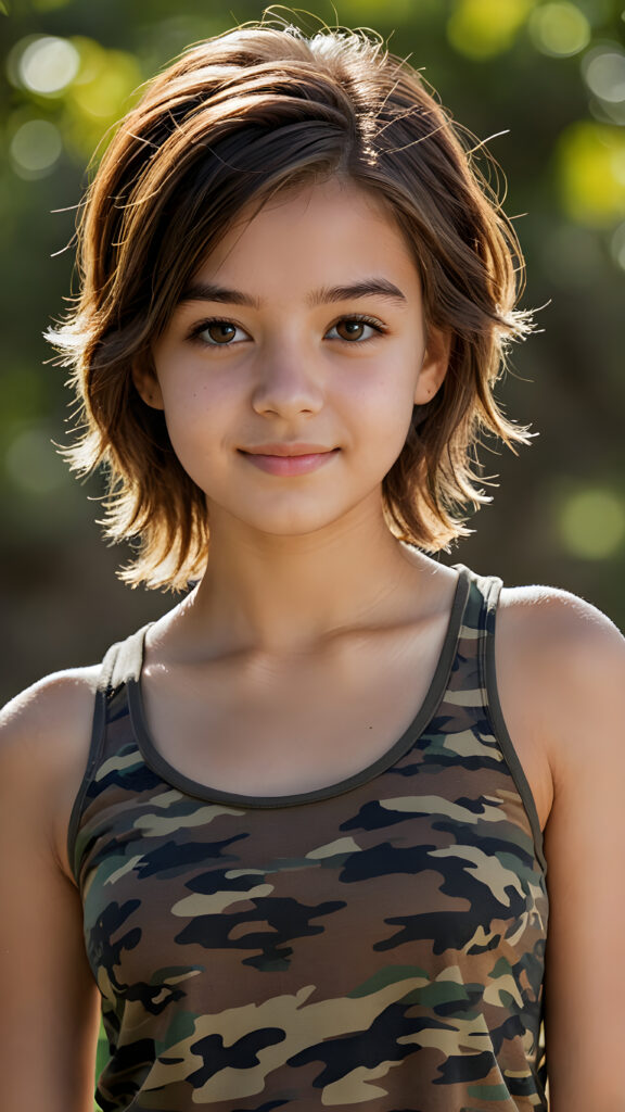 visualize an advanced and highly detailed advanced upper body portrait of a (((beautiful teenage girl, 17 years old, brown skinned))), featuring a wonderfully proportioned body that is captured in a (((super short camouflage-colored tank top))). Her hair is softly layered and cut in bangs, with long, straight strands that frame her face. Her eyes are a light amber color and her smile is warm and inviting. Sunlight hits her face in a flattering side profile, casting perfect shadows and highlights that draw attention to her toned physique. The backdrop is a dark environment, adding depth and contrast to this advanced illustration