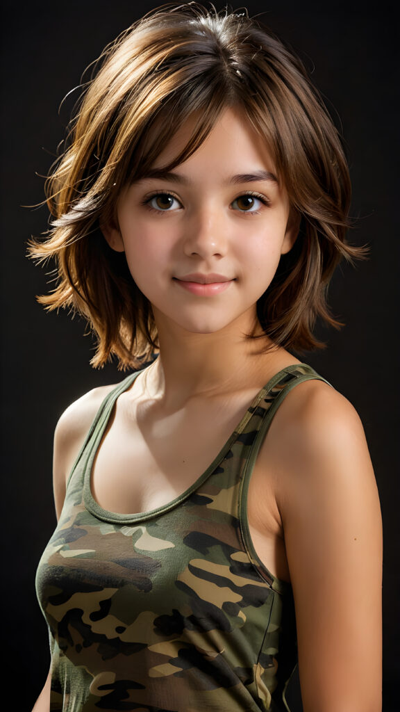 visualize an advanced and highly detailed advanced upper body portrait of a (((beautiful teenage girl, 17 years old, brown skinned))), featuring a wonderfully proportioned body that is captured in a (((super short camouflage-colored tank top))). Her hair is softly layered and cut in bangs, with long, straight strands that frame her face. Her eyes are a light amber color and her smile is warm and inviting. Sunlight hits her face in a flattering side profile, casting perfect shadows and highlights that draw attention to her toned physique. The backdrop is a dark environment, adding depth and contrast to this advanced illustration