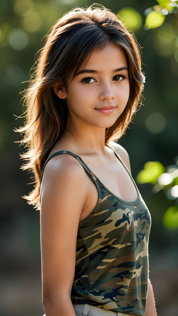 visualize an advanced and highly detailed advanced upper body portrait of a (((beautiful teenage girl, 17 years old, brown skinned))), featuring a wonderfully proportioned body that is captured in a (((super short camouflage-colored tank top))). Her hair is softly layered and cut in bangs, with long, straight strands that frame her face. Her eyes are a light amber color and her smile is warm and inviting. Sunlight hits her face in a flattering side profile, casting perfect shadows and highlights that draw attention to her toned physique. The backdrop is a dark environment, adding depth and contrast to this advanced illustration