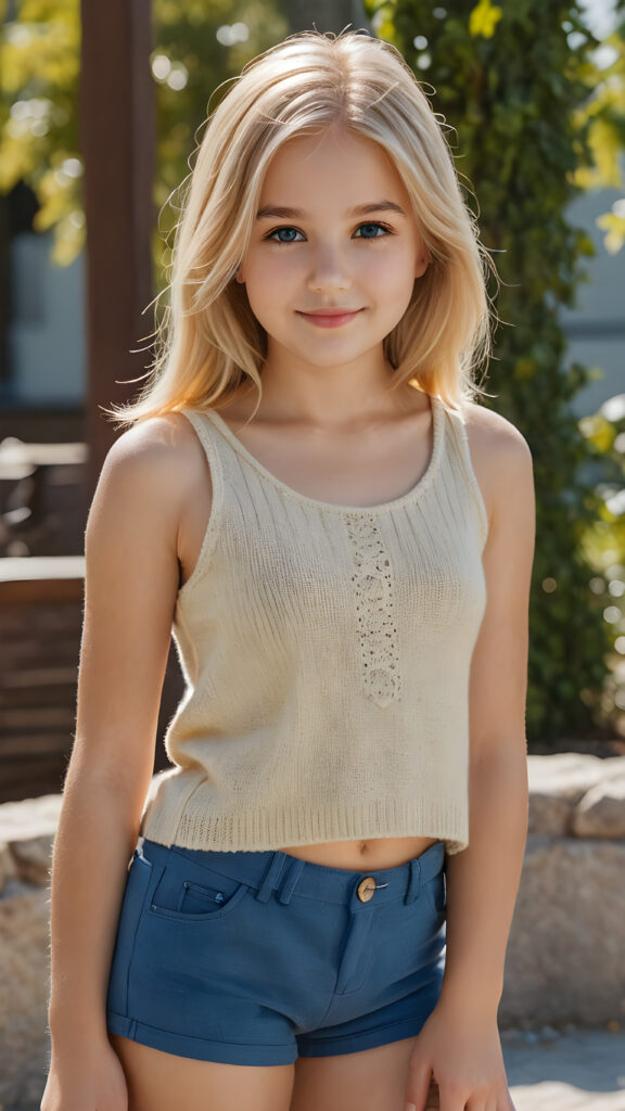 visualize an (((ultra high definition (straight soft sommer blonde hair))) of a (((cutely young girl, 13 years old))) with a meticulously drawn (((face))) and a wonderfully precise (((curvature))) that exudes cuteness, dressed in a sleek, (((thin short crop wool tank top))), paired with (((super short pants))). The image is captured with remarkable clarity and detail, evoking a sense of (((high resolution beauty))), as if painted by a skilled artist, drawing the viewer in to appreciate its striking splendor