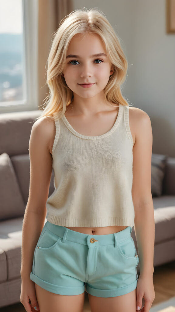 visualize an (((ultra high definition (straight soft sommer blonde hair))) of a (((cutely young girl, 13 years old))) with a meticulously drawn (((face))) and a wonderfully precise (((curvature))) that exudes cuteness, dressed in a sleek, (((thin short crop wool tank top))), paired with (((super short pants))). The image is captured with remarkable clarity and detail, evoking a sense of (((high resolution beauty))), as if painted by a skilled artist, drawing the viewer in to appreciate its striking splendor