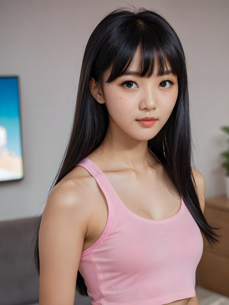 visualize an (((ultra high definition (straight soft and long black hair, Korean Styles Bangs))) of a (((Korean girl, 15 years old))) with a meticulously drawn (((face))) and a wonderfully precise (((curvature))) that exudes cuteness, dressed in a sleek, (((thin short crop pink tank top)). The image is captured with remarkable clarity and detail, evoking a sense of (((high resolution beauty))), as if painted by a skilled artist, drawing the viewer in to appreciate its striking splendor