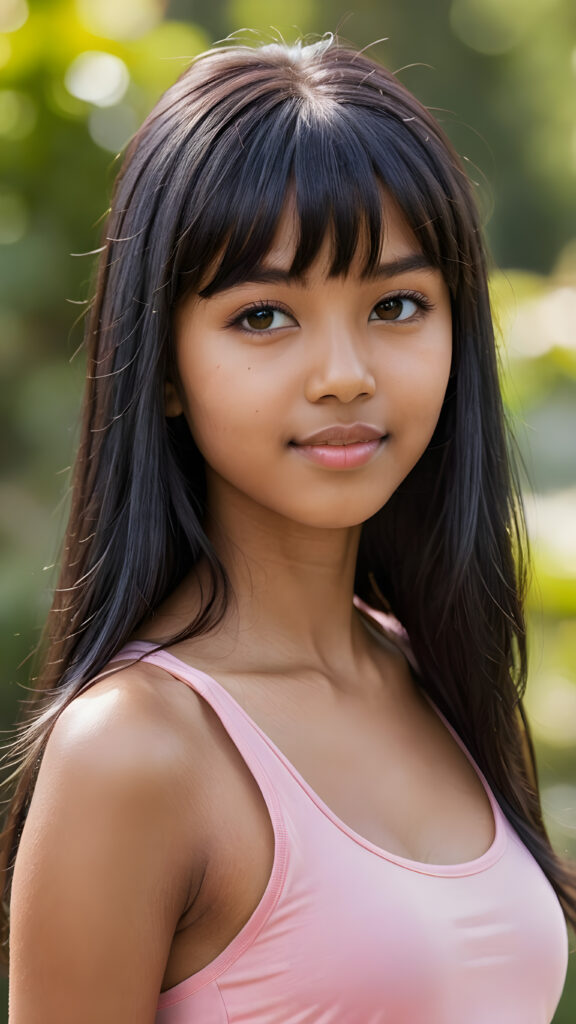 visualize an (((ultra high definition (straight soft and long black hair, bangs))) of a (((brown-skinned Exotic teen girl, 15 years old))) with a meticulously drawn (((face))) and a wonderfully precise (((curvature))) that exudes cuteness, dressed in a sleek, (((thin short crop pink tank top)). The image is captured with remarkable clarity and detail, evoking a sense of (((high resolution beauty))), as if painted by a skilled artist, drawing the viewer in to appreciate its striking splendor ((side portrait))