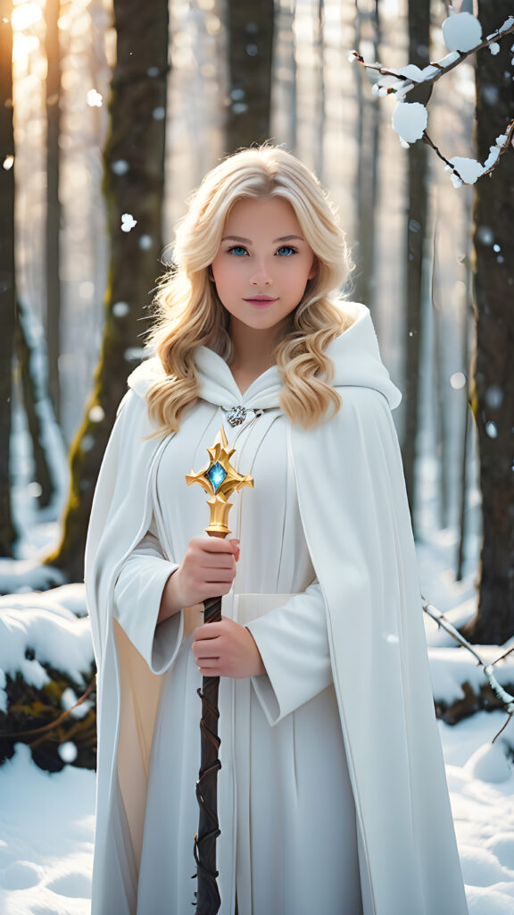 young and cute, enchanted teen girl with blonde hair, wears a magic white cloak, in a snow forest, full body shot, she holds a scepter in her hand