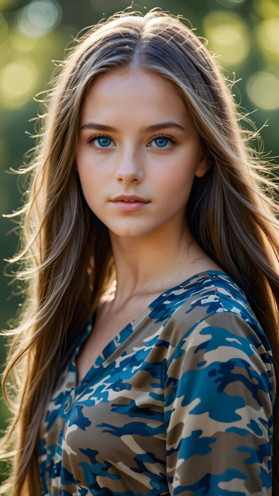 young girl, camouflage dress, straight flowing hair, blue eyes, ((perfect detailed photo))