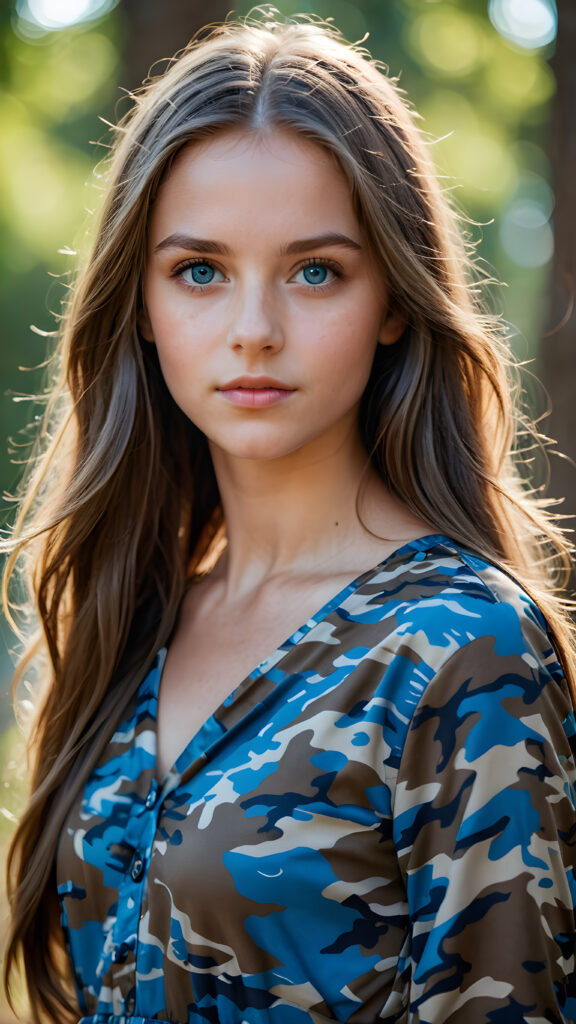 young girl, camouflage dress, straight flowing hair, blue eyes, ((perfect detailed photo))