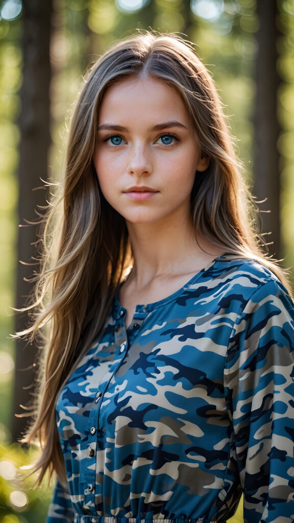 young girl, camouflage dress, straight flowing hair, blue eyes, ((perfect detailed photo))