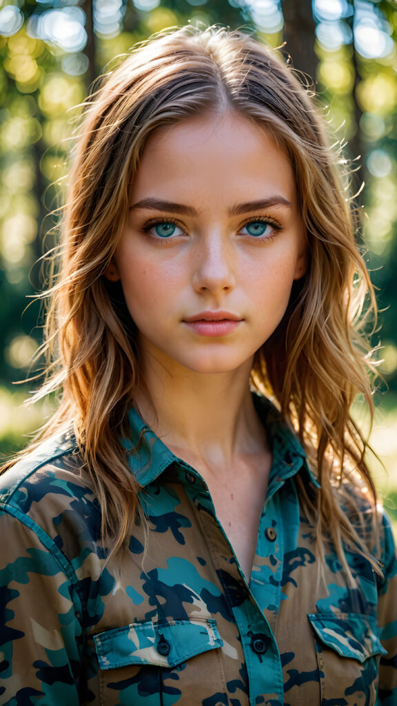 young girl, in a plain camouflage shirt, blue eyes, straight amber hair, ((perfect detailed photo))