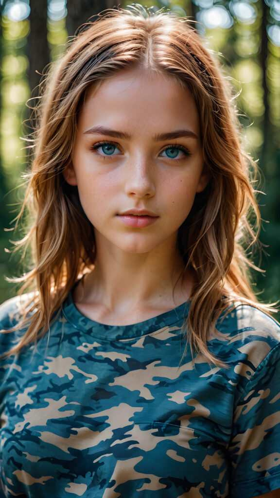 young girl, in a plain camouflage shirt, blue eyes, straight amber hair, ((perfect detailed photo))