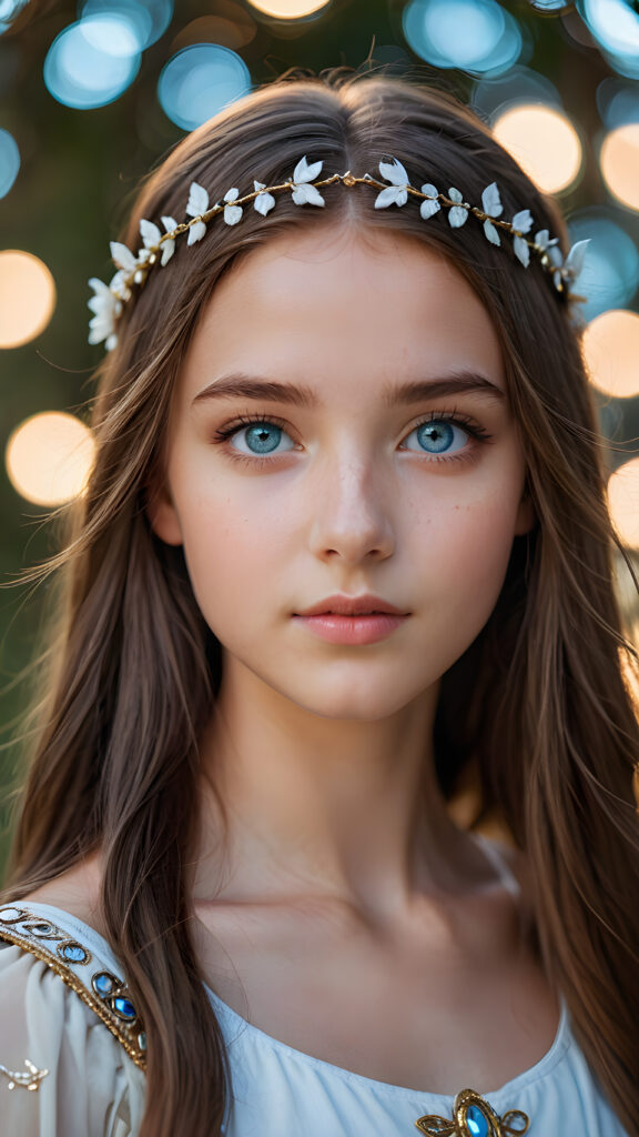 young girl looks like Artemis, detailed photo, straight hair, light blue eyes, (round angelic face), ((stunning)) ((gorgeous))