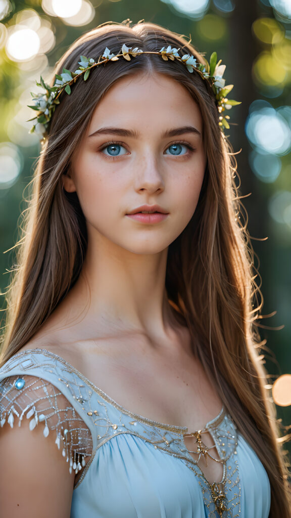 young girl looks like Artemis, detailed photo, straight hair, light blue eyes, (round angelic face), ((stunning)) ((gorgeous))