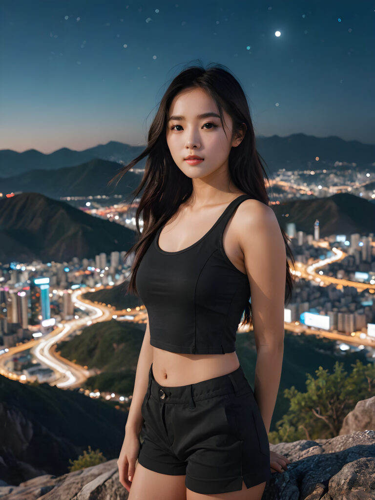 young, pretty Korean girl with long black hair and a short tank top stands on a mountain. A futuristic city can be seen in the background. It is night and the moonlight illuminates the picture a little.