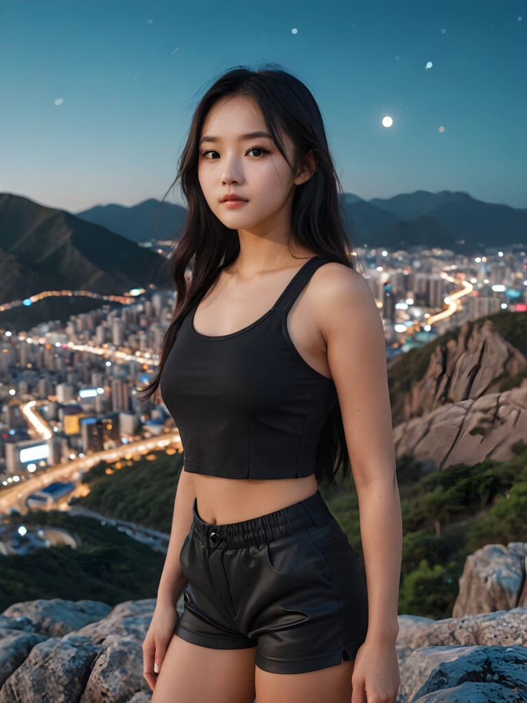 young, pretty Korean girl with long black hair and a short tank top stands on a mountain. A futuristic city can be seen in the background. It is night and the moonlight illuminates the picture a little.