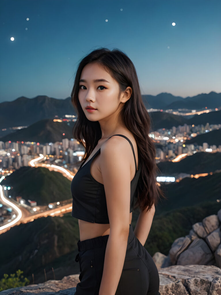 young, pretty Korean girl with long black hair and a short tank top stands on a mountain. A futuristic city can be seen in the background. It is night and the moonlight illuminates the picture a little.