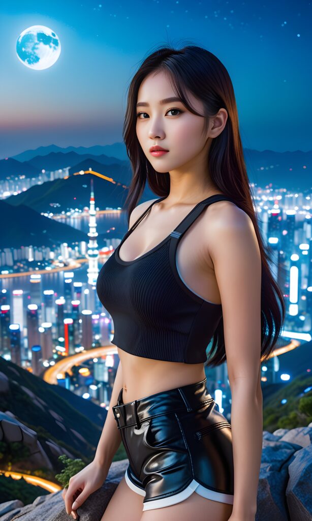 young, pretty Korean girl with long black hair and a short tank top stands on a mountain. A futuristic city can be seen in the background. It is night and the moonlight illuminates the picture a little.