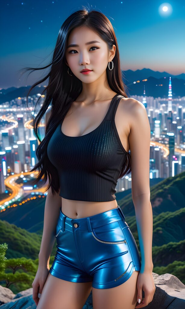 young, pretty Korean girl with long black hair and a short tank top stands on a mountain. A futuristic city can be seen in the background. It is night and the moonlight illuminates the picture a little.