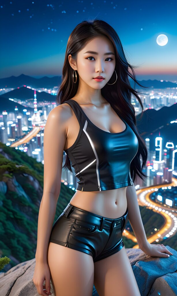 young, pretty Korean girl with long black hair and a short tank top stands on a mountain. A futuristic city can be seen in the background. It is night and the moonlight illuminates the picture a little.